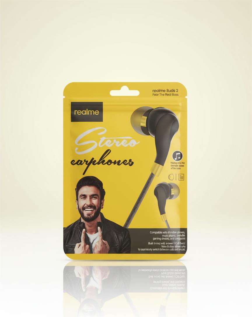 2 (1) A package of earphones displayed next to a smiling man, showcasing the product's appeal and user satisfaction.