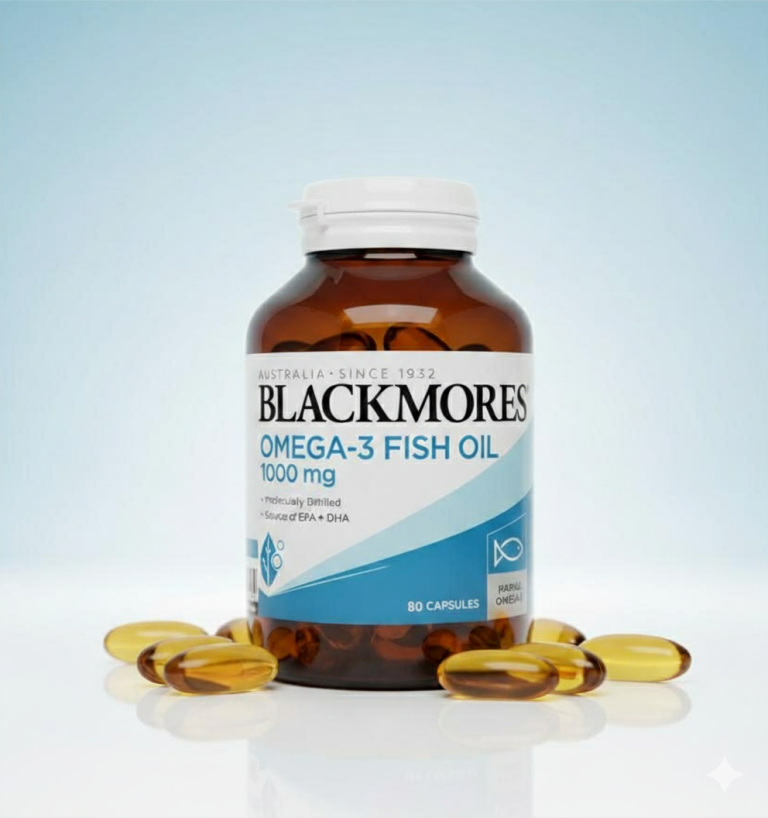 Blackmores Omega 3 Fish Oil 1000mg, 80 capsules, displayed in a clear bottle with a blue label.