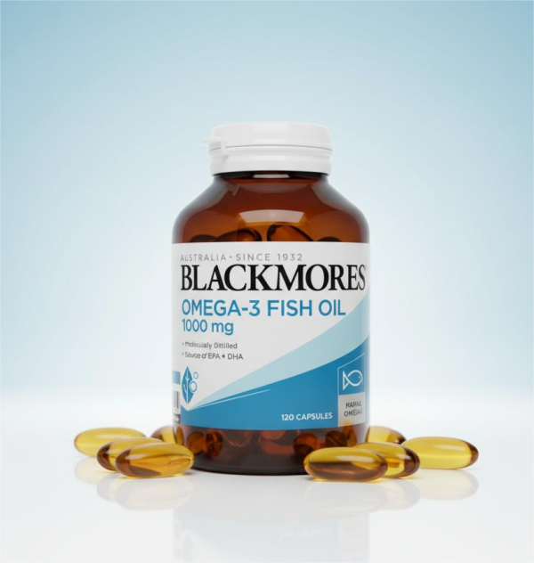 Blackmores Omega-3 Fish Oil 1000mg, 120 capsules, promoting heart and joint health with essential fatty acids.