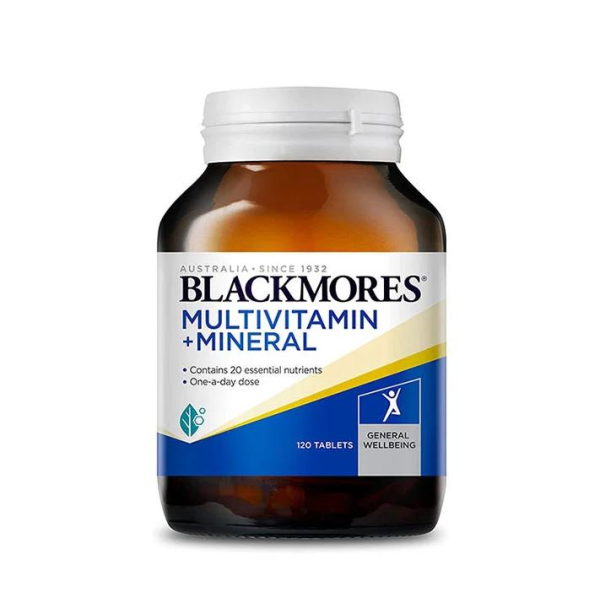 Blackmore's multivitamin and mineral supplement bottle with a dark label and colorful design, promoting health and wellness.