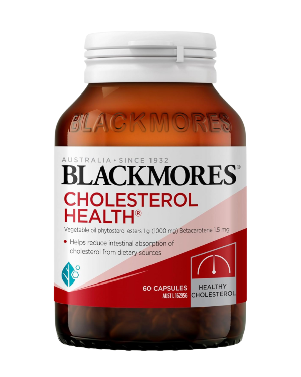 Blackmore's cholesterol health capsules in a bottle, promoting heart health and balanced cholesterol levels.