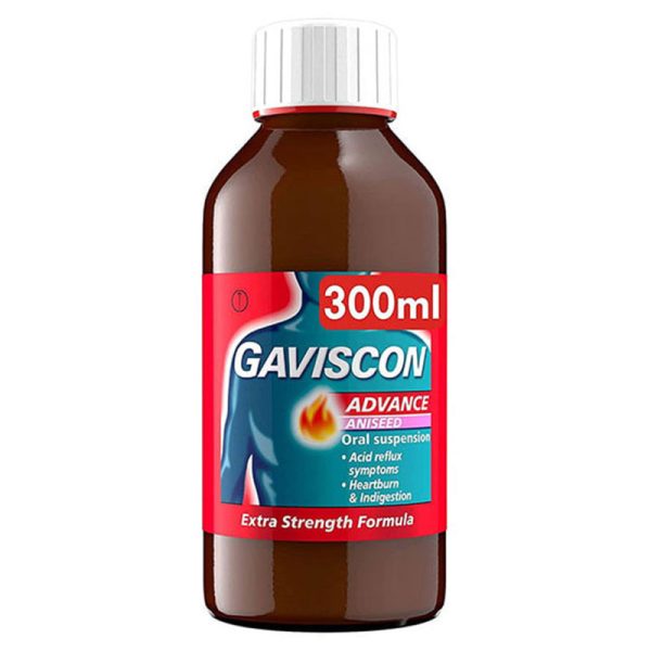 Gaviscon Advanced Strength 300ml bottle, used for heartburn and indigestion relief.