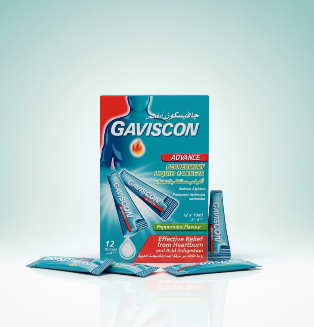 A close-up of Gaviscon Sachets against a blue backdrop, showcasing the product's design and color.