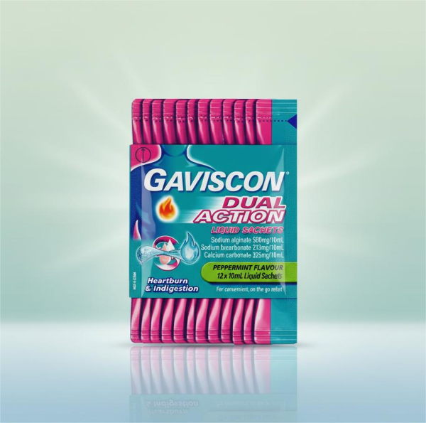 Gaviscon Dual Action Sachets tube with a blue and white design, promoting relief from heartburn and indigestion.