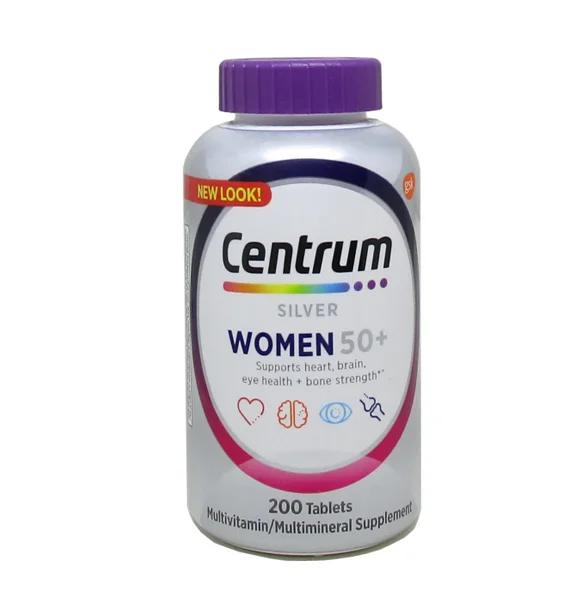 Bottle of Centrum women's multivitamins with vitamin D, promoting overall health for women.