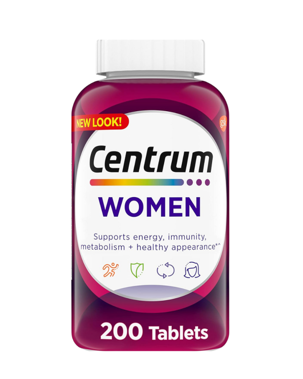 Centrum Women multivitamins, 200 tablets, designed to support women's health and wellness.