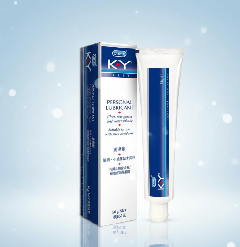Durex KY Jelly Personal Lubricant Gel 50g tube on a white background, showcasing its packaging and branding.