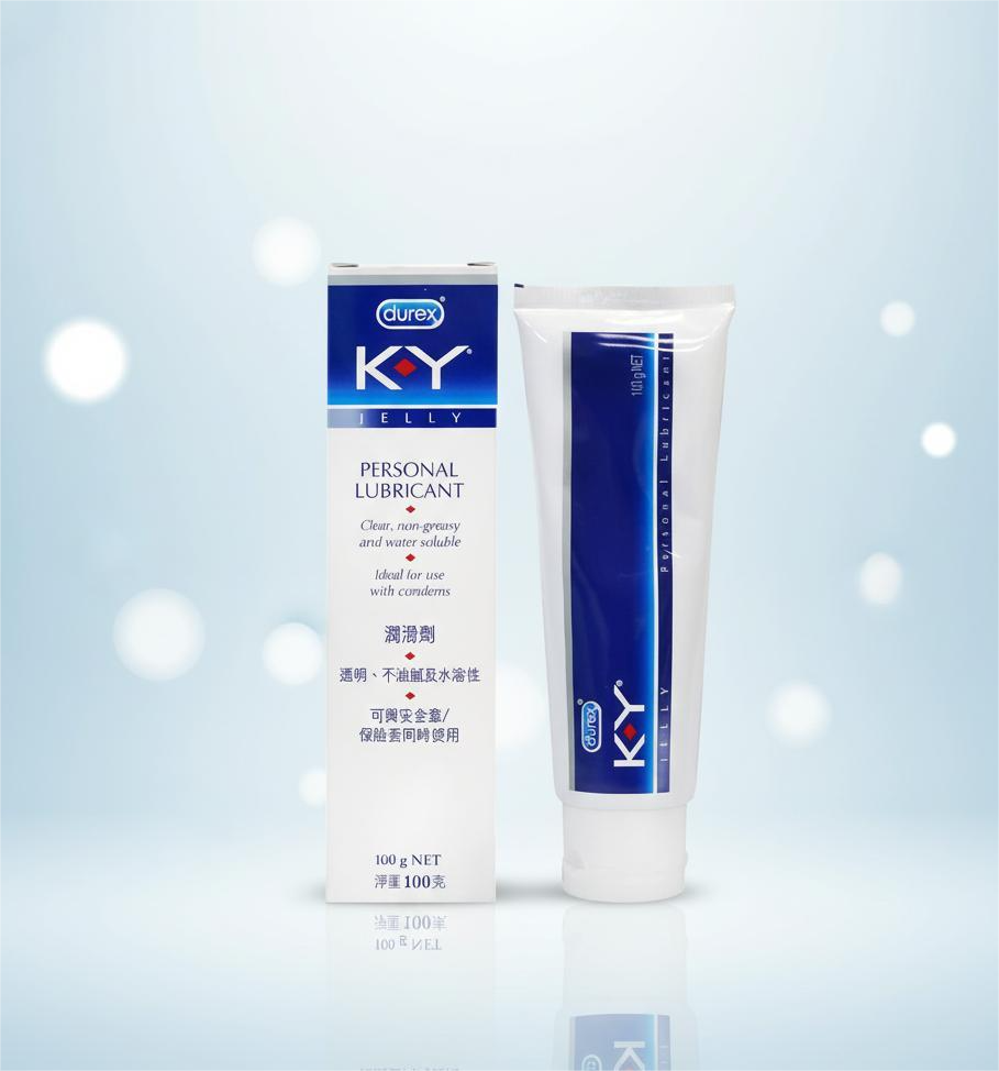 Durex KY Jelly Personal Lubricant Gel tube displayed against a blue backdrop