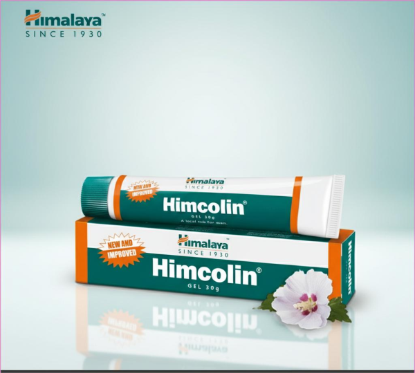 30g tube of Himalaya Himcolin gel, prominently displaying "100% natural" on a green and white packaging.