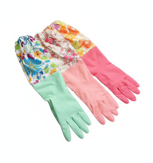 One pairs of multicolor silicone kitchen gloves adorned with vibrant flowers, ideal for dishwashing tasks.