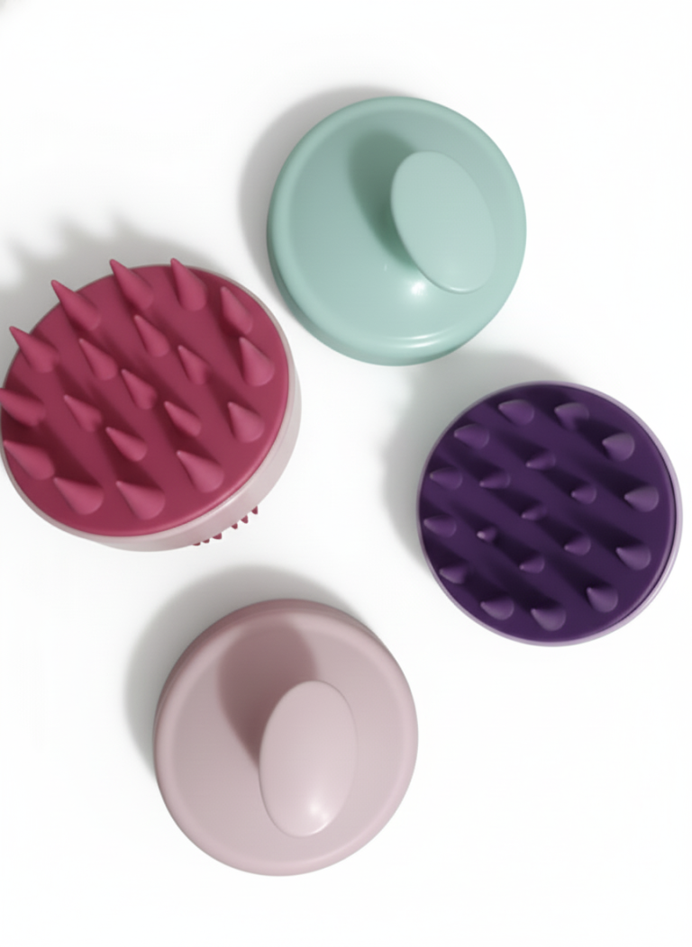 multicolored plastic hair brushes, including a silicone shampoo brush, displayed together on a neutral background.