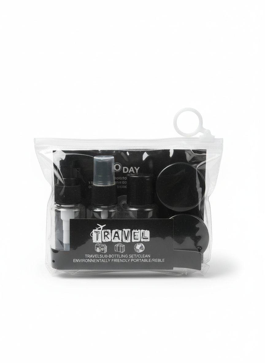 20 (1) A black and white bag containing a refillable travel bottle kit with a bottle of perfume, designed for cosmetics.