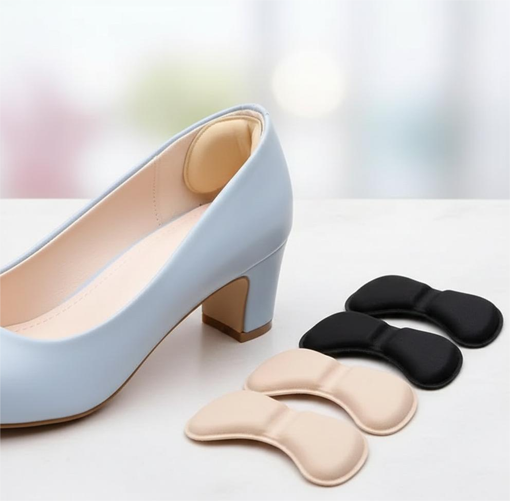 One pairs of shoes displayed with various types of insoles, including high heel shoe pads for foot care protection.