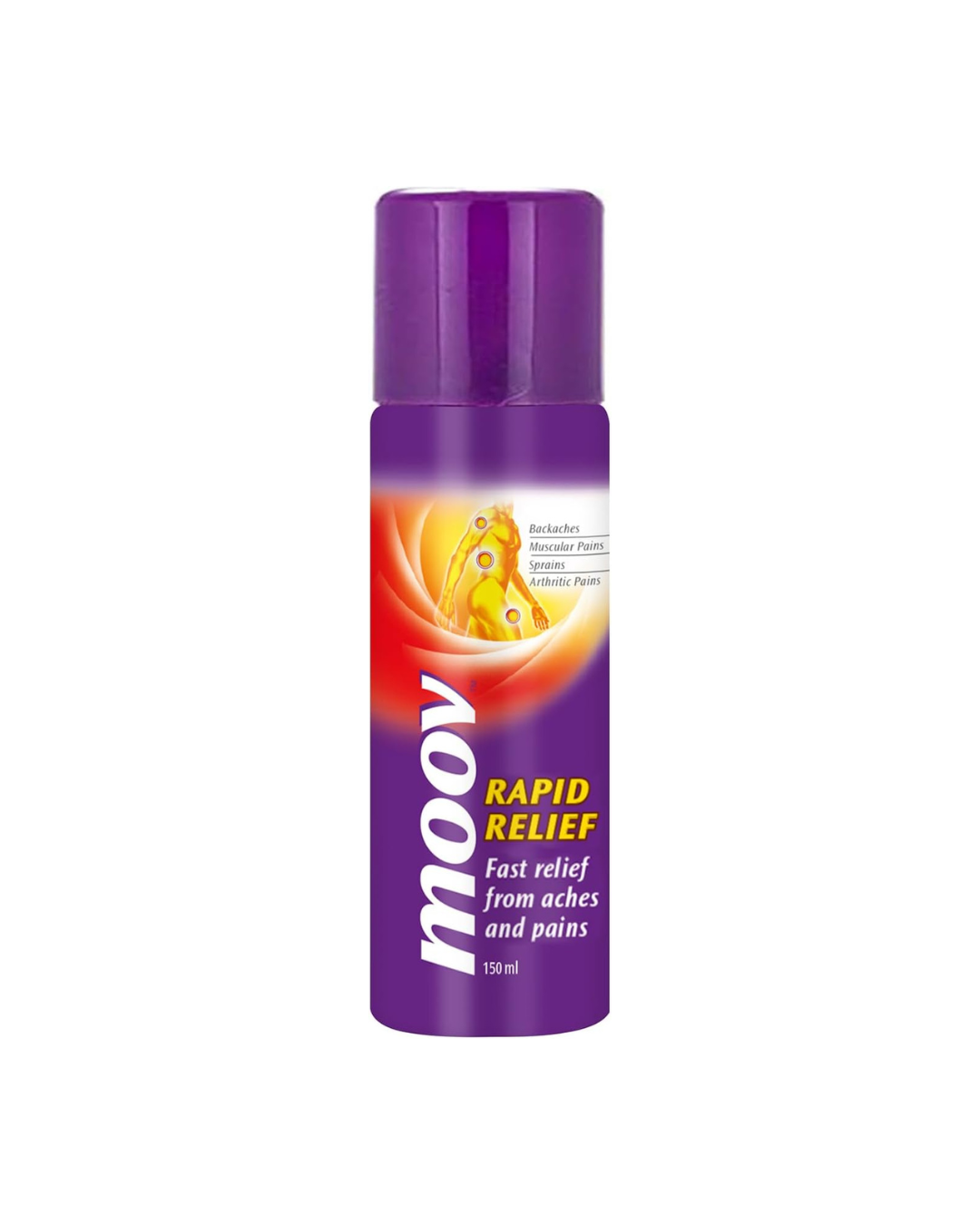 Moov Rapid Relief Spray for hair and skin, 150 ml, designed for quick drying and fast pain relief in Dubai.