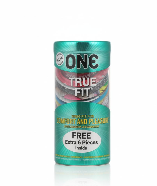 A can of One True Fit Condoms displayed with a box of One True Fit condoms, containing 12 pieces plus 6 extras from Malaysia.