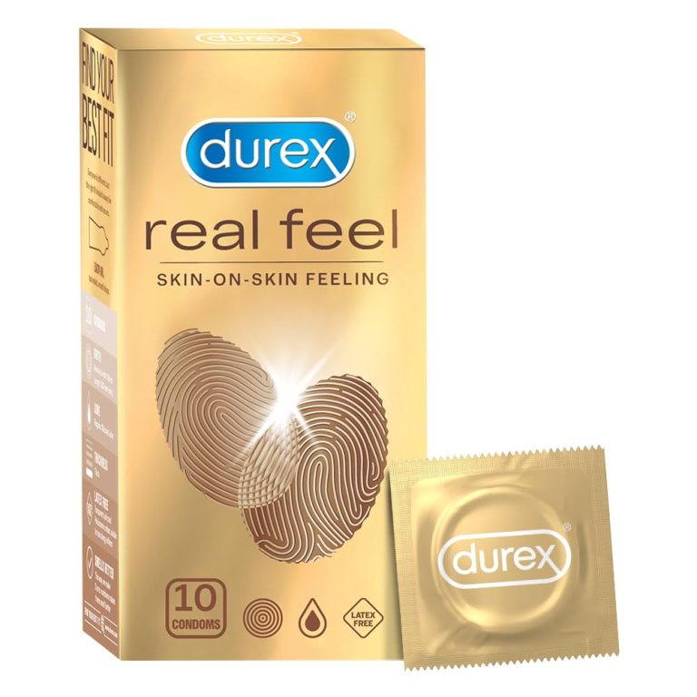 Durex Real Feel Condoms 10-pack, featuring ultra-thin design for enhanced sensitivity and comfort.