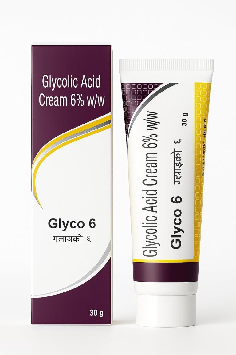 Glyco 6 Cream 6% w/w (Glycolic Acid) in a 30g tube, designed for acne treatment and skin exfoliation.
