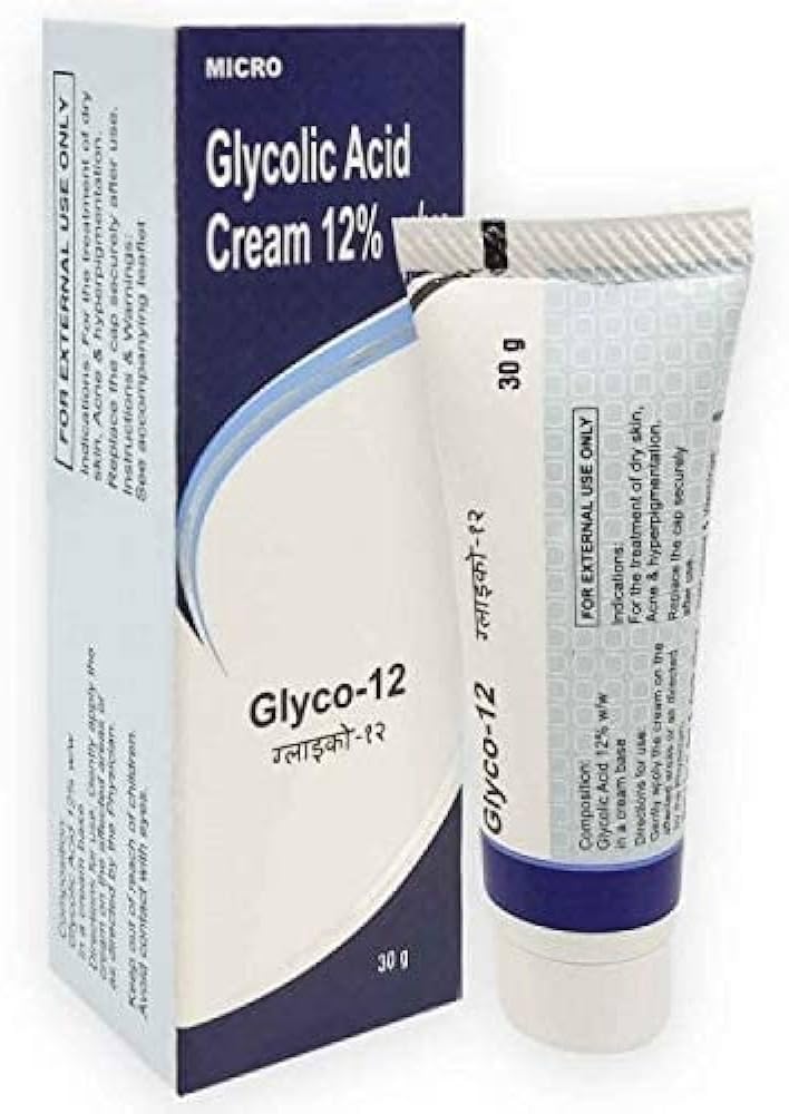 Glyco 12 Glycolic Acid Cream 12% w/w in a 30g container, designed for skincare and exfoliation.