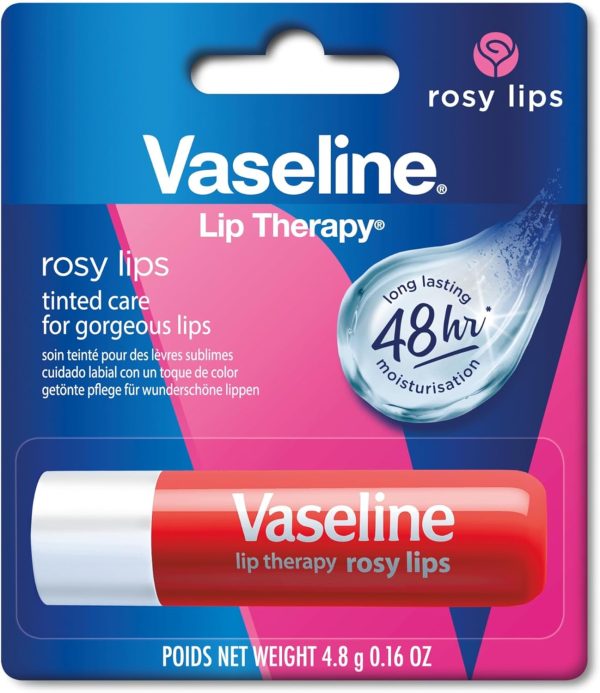 Vaseline Lip Therapy in Rose, 0.5 oz, designed to moisturize and soften lips with a hint of rosy tint.