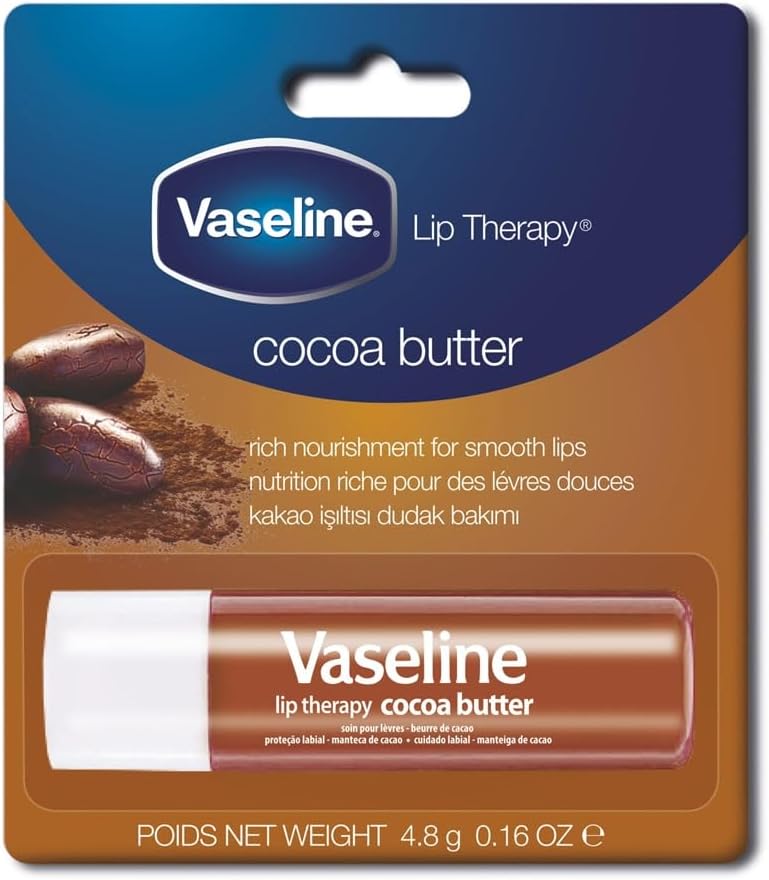 Vaseline Lip Therapy Cocoa Butter, 4.8 gm, in a small container, designed to moisturize and soothe dry lips.