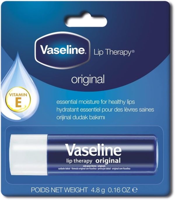 Vaseline Lip Therapy Original, 0.5 oz (4.8 gm) tube for moisturizing and soothing dry lips.