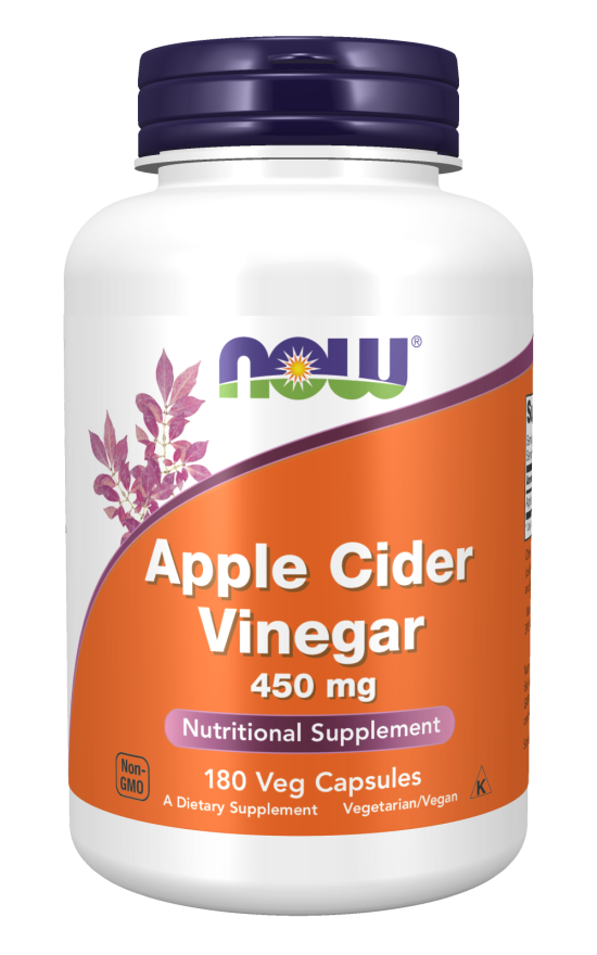 NOW Foods Apple Cider Vinegar 450 mg supplement in a bottle containing 180 vegetarian capsules.
