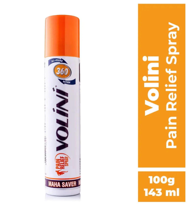 Volini Active Spray for fast pain relief displayed on a white background, featuring a 100 gm container.