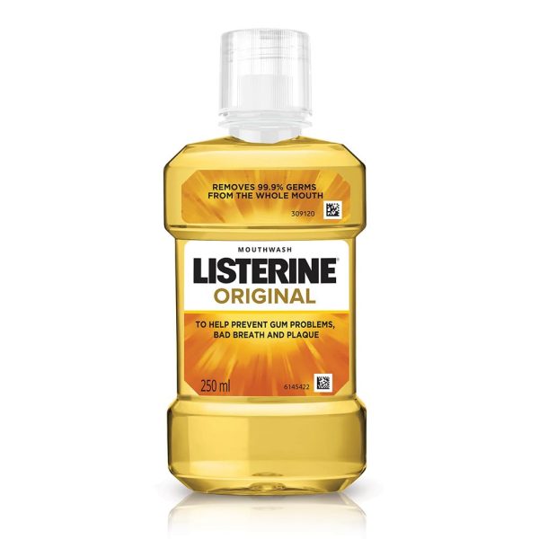 Listerine Original Mouthwash 250 ml bottle with a blue label, designed for fresh breath and oral hygiene.