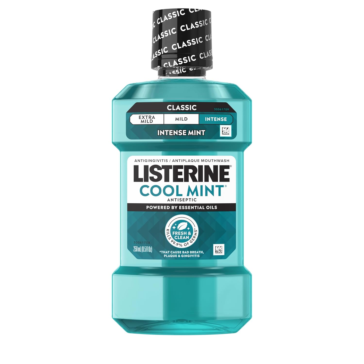 529 (4) Listerine Cool Mint Mouthwash 250 ml bottle with a blue label, designed for fresh breath and oral hygiene.