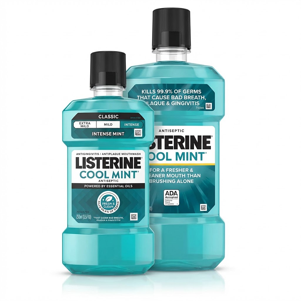 532 (1) Listerine Cool Mint mouthwash set, featuring 750ml and 250ml bottles in a combo pack for fresh breath and oral care.