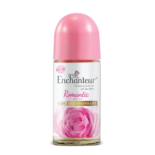 Pink perfume bottle with a rose design, labeled Enchanteur Perfumed Deo Roll-on Romantic 50ml.