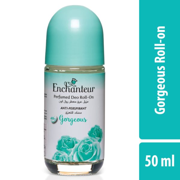 Enchanteur Gorgeous Roll-On Perfume 50ml displayed on a white background, showcasing its elegant packaging.