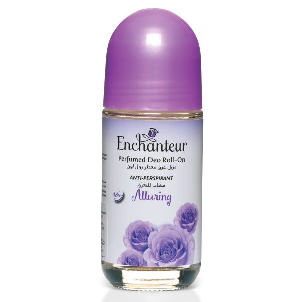 An anti-perspirant roll-on bottle labeled "Enchanteur Alluring Perfume 50ml" with a sleek design and floral accents.
