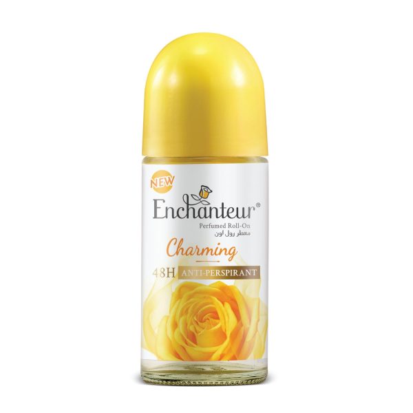 Enchanteur Charming 50ml deodorant roll-on, featuring a floral design and elegant packaging.