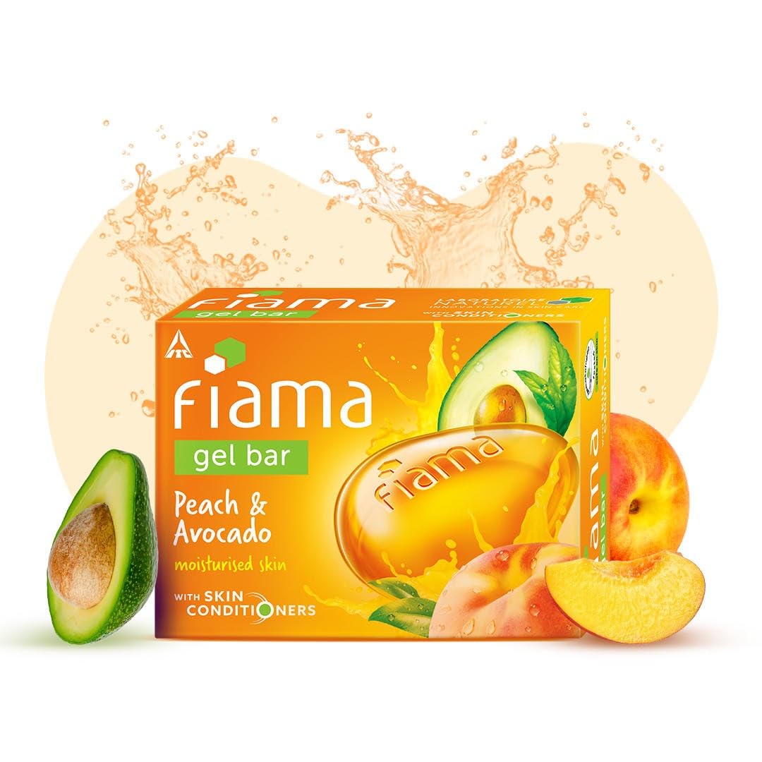 Fiama Di Wills Peach & Avocado Gel Bar, 125gm, showcasing a vibrant peach and green avocado design on the packaging.