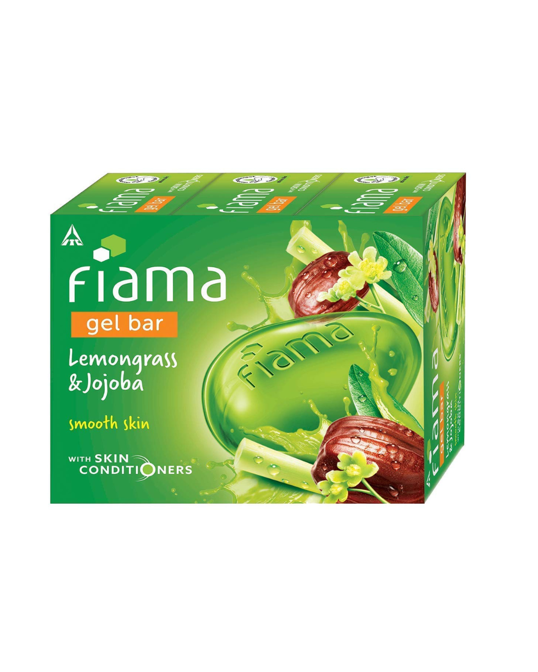 Fiama Gel Bar Lemongrass & Jojoba Soap with green leaves and mint, showcasing a fresh and natural appearance.