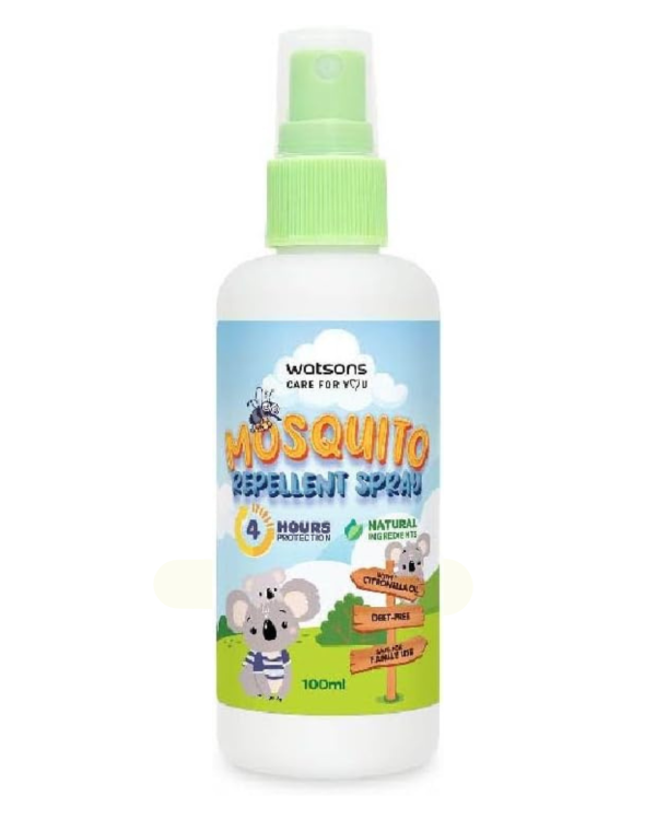 Watsons 100ml mosquito repellent spray designed for kids, featuring a child-friendly formula for effective protection.