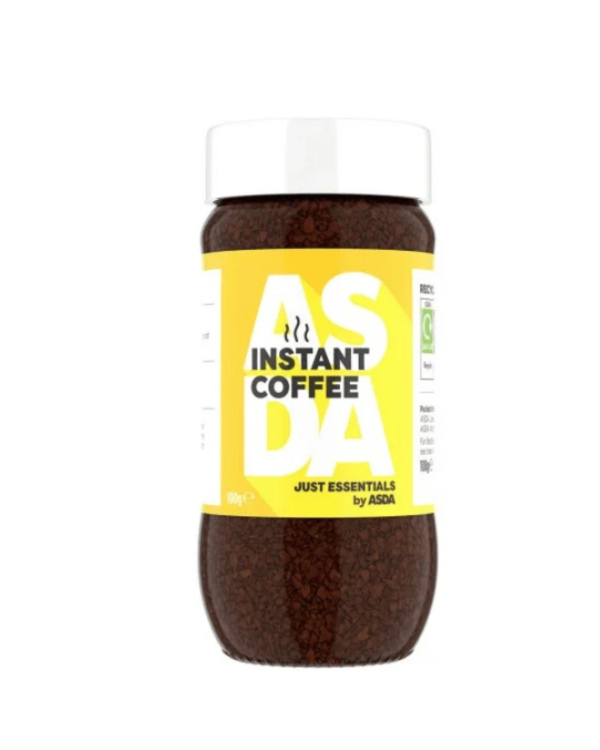 Jar of Asda Instant Coffee Just Essentials, 100g, with a label clearly stating "Instant Coffee."