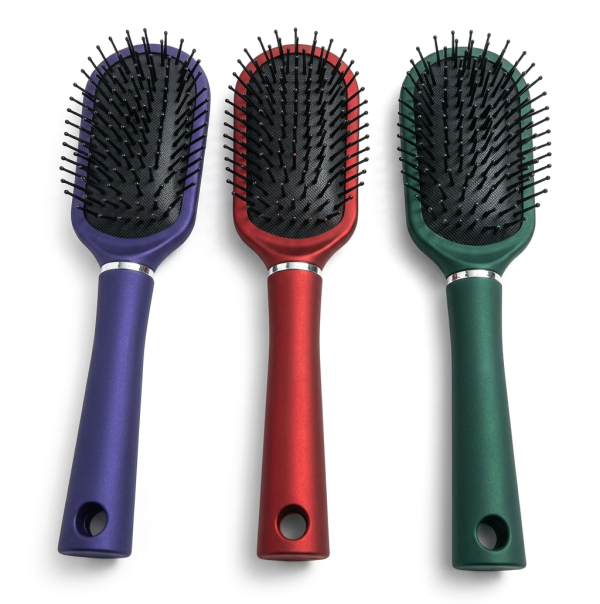 Three premium anti-static hair brushes in different colors displayed on a white surface, suitable for both women and men.