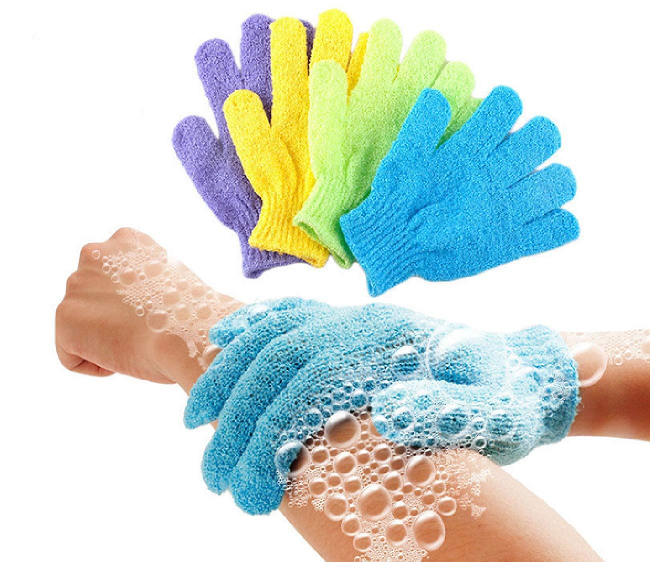 A person holds a sponge alongside a pair of multicolored exfoliating bath gloves for body scrubbing.
