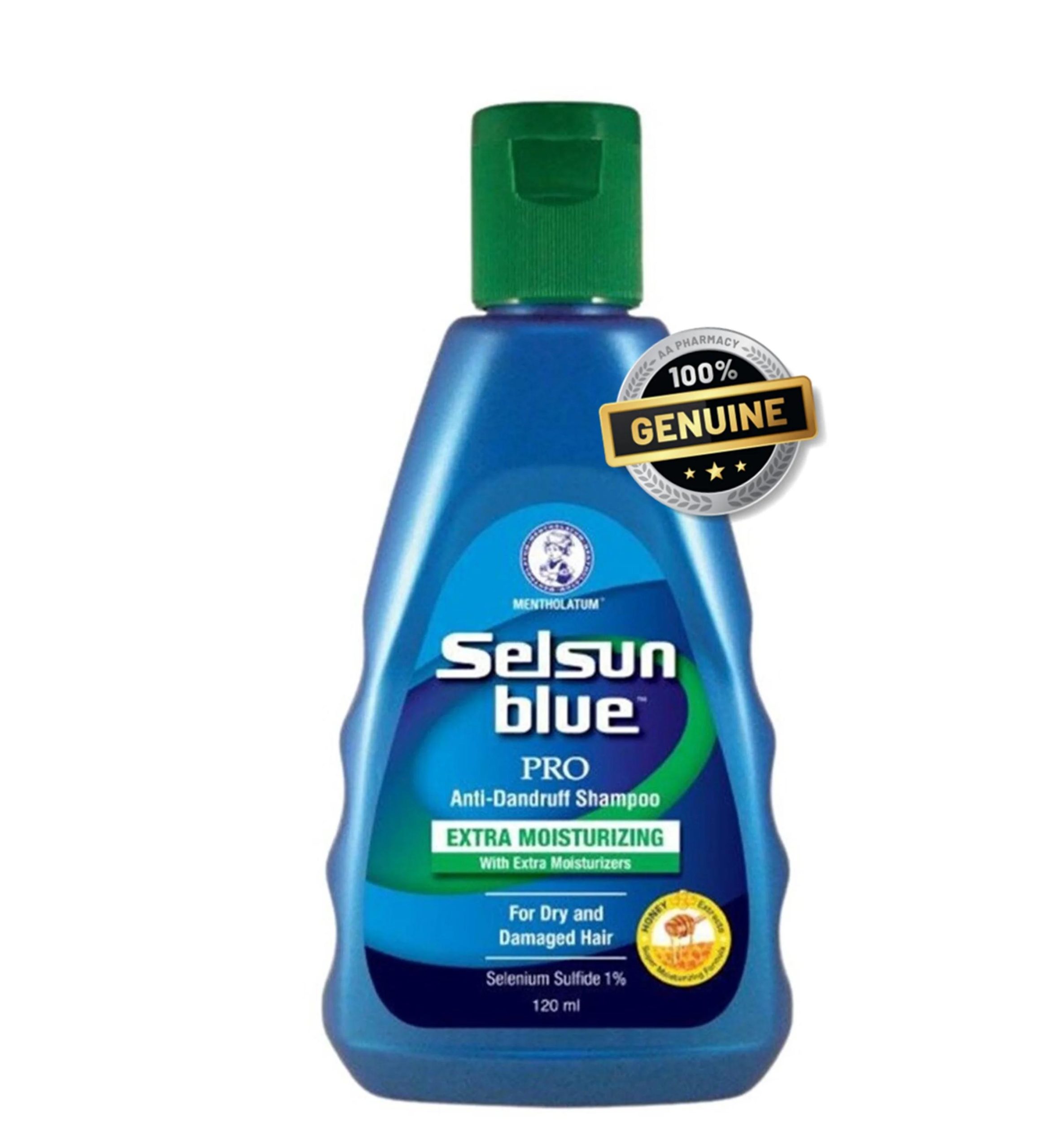 Selsun Blue Pro Extra Moisturizing Anti-Dandruff Shampoo, 120ml bottle, featuring a blue liquid cleaner for scalp care.