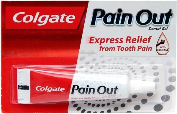Colgate Pain Out toothpaste tube, 10gm, designed for express relief from tooth pain.