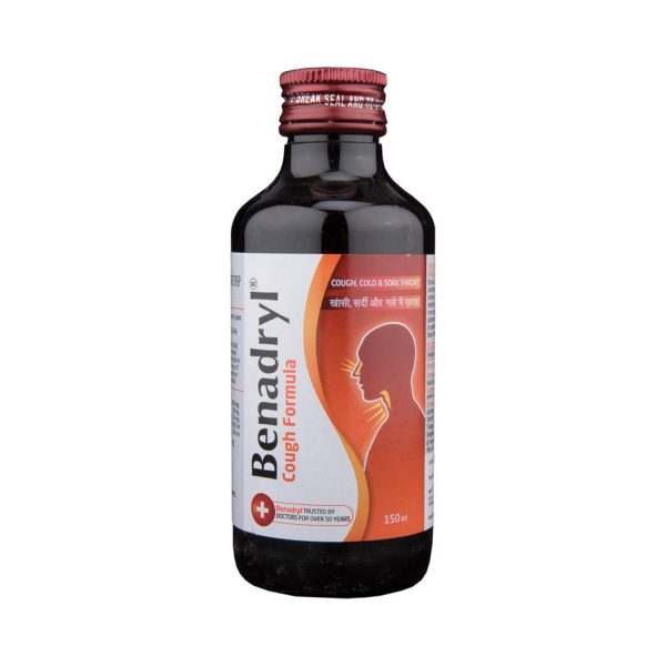 Benadryl Cough Formula Syrup for children, 250 ml bottle, designed to relieve cough and cold symptoms.