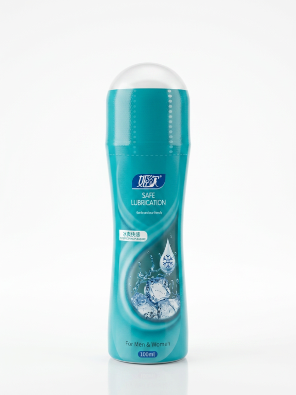 A bottle of Ice Refreshing Pleasure Massage Gel, 100ml, featuring a blue cap.