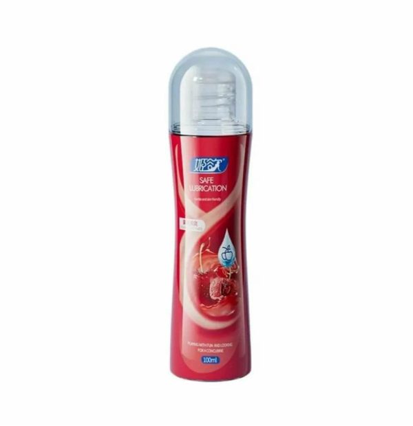 A bottle of deodorant featuring a red and white design, labeled as flavored lubricant for massage gel, 100ml.