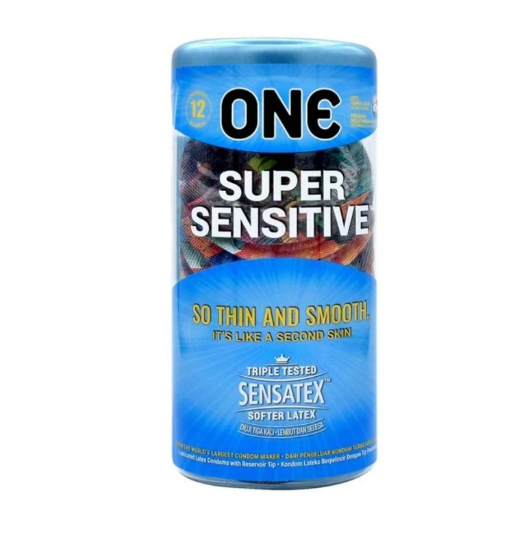 ONE Super Sensitive Condom pack featuring 12 ultra-thin and smooth condoms for enhanced sensitivity and comfort.