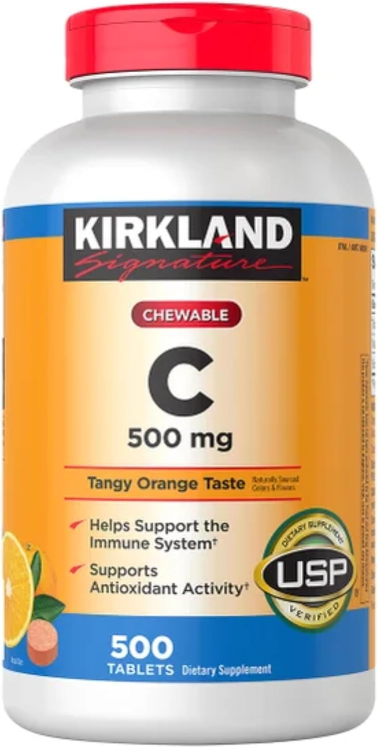 Kirkland Vitamin C 500 mg chewable tablets in tangy orange flavor, packaged in a bottle containing 500 tablets.