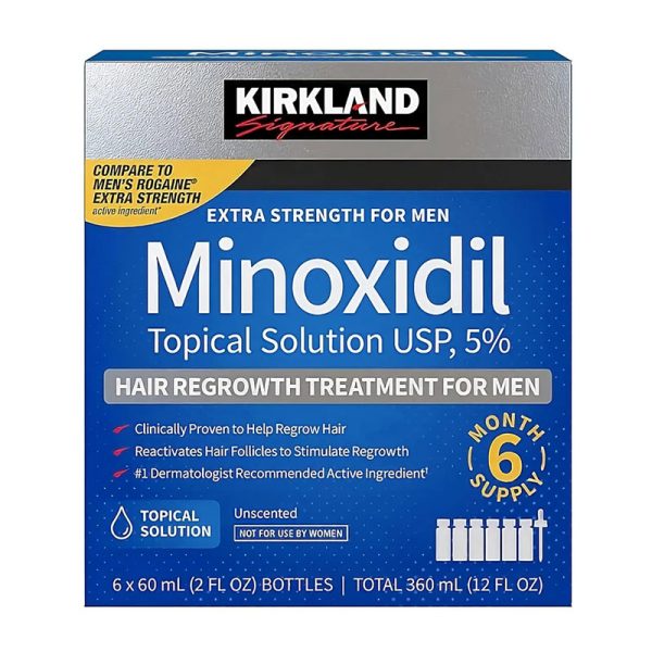 Kirkland Minoxidil 5% hair regrowth solution for men, 360 ml bottle, designed to promote hair growth and prevent hair loss.