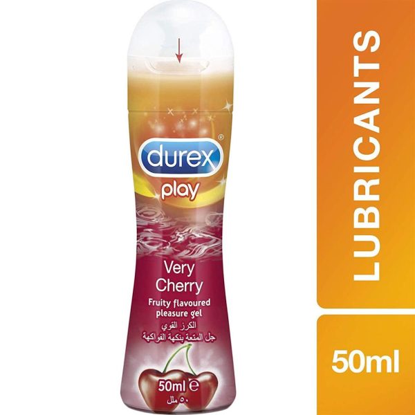 Durex Play Very Cherry Lubricant Gel, 50ml bottle, featuring a vibrant cherry design on the label.