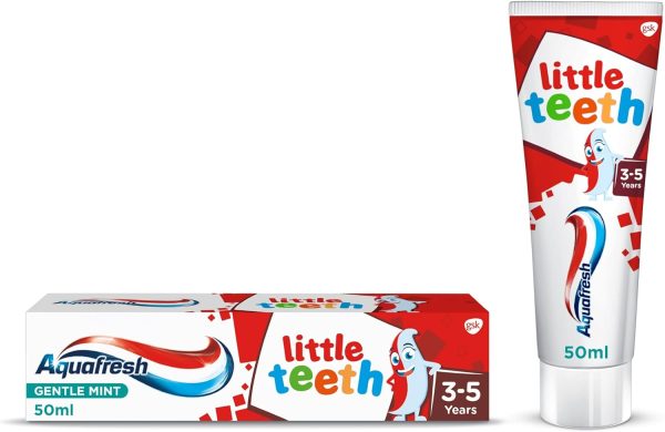 Aquafresh Little Teeth toothpaste tube for children aged 3 to 5 years, 50ml, featuring a colorful design.